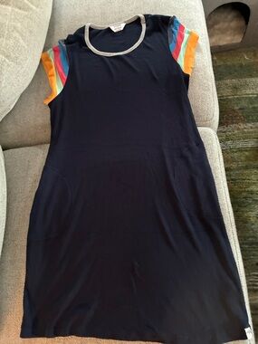 Splendid x Gray Malin Navy Ribbed Dress with Colored Cap Sleeves and Pockets